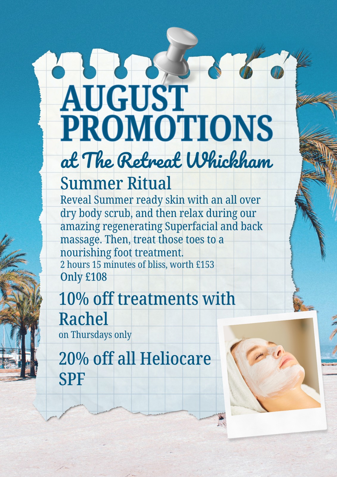 August 2026 promotions poster — Spring Ritual of Renewal, Medik8 Retinal offer and Superfacial at The Retreat Whickham