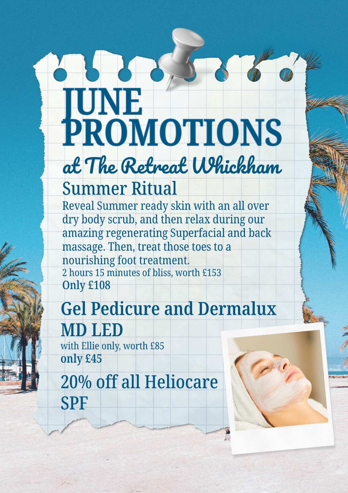 June 2026 promotions poster — Spring Ritual of Renewal, Medik8 Retinal offer and Superfacial at The Retreat Whickham